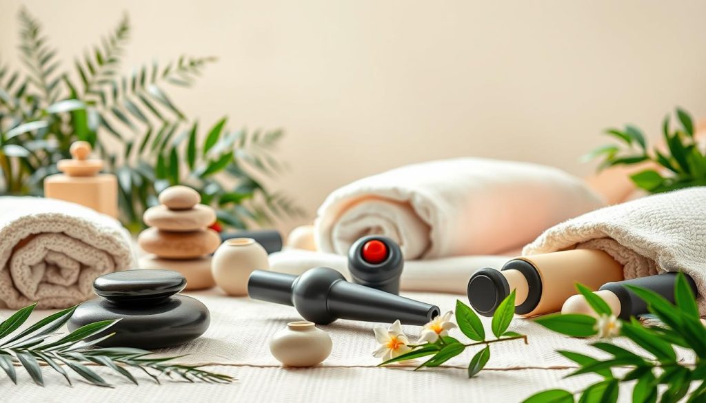 A serene spa setting with various massage modalities elegantly displayed. Soft, diffused lighting highlights the diverse massage tools and techniques - from soothing hot stones to deep-kneading percussion massagers. Tranquil greenery and natural elements create a calming ambiance, conveying the therapeutic benefits of each specialized massage. The composition emphasizes the range of restorative options available to address different stress levels and individual needs. Crisp, high-resolution details showcase the mastery of skilled massage therapists. A serene spa setting with various massage modalities elegantly displayed. Soft, diffused lighting highlights the diverse massage tools and techniques - from soothing hot stones to deep-kneading percussion massagers. Tranquil greenery and natural elements create a calming ambiance, conveying the therapeutic benefits of each specialized massage. The composition emphasizes the range of restorative options available to address different stress levels and individual needs. Crisp, high-resolution details showcase the mastery of skilled massage therapists.