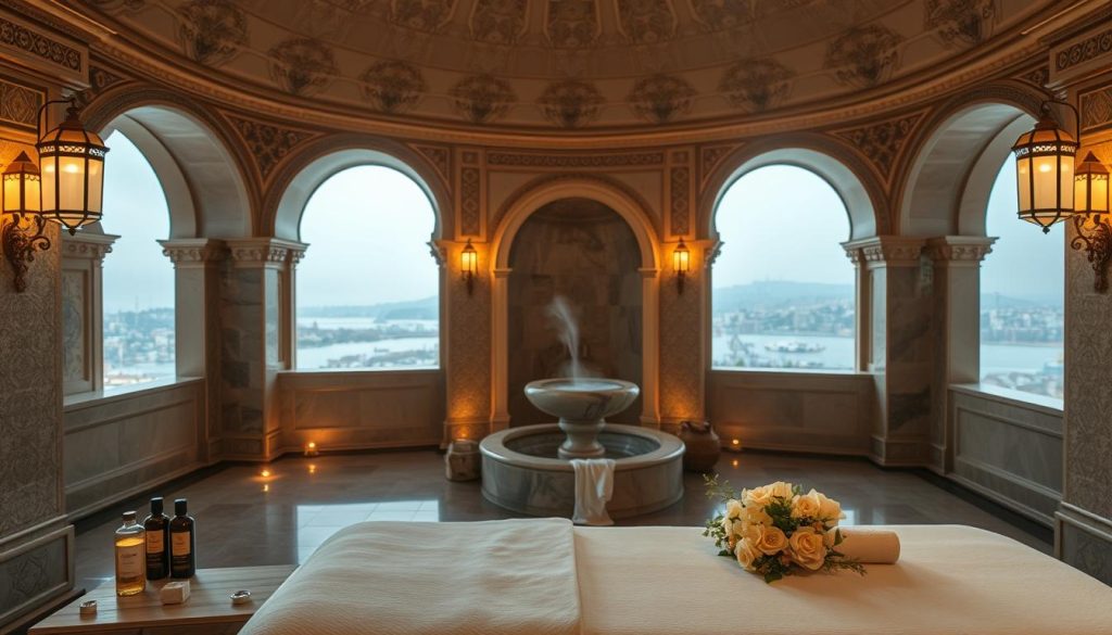 A serene, sunlit Turkish bath (Türk hamamı) with ornate domed ceilings, intricate tile work, and glowing lanterns casting a warm glow. In the foreground, a luxurious modern spa treatment table, with delicate floral arrangements, bottles of fragrant oils, and soft textiles. The middle ground features a traditional marble fountain and basin, steam rising gently. The background showcases a panoramic view of the Bosphorus, the iconic Istanbul skyline in the distance. Soft, diffused lighting creates an atmosphere of tranquility and restoration, blending ancient tradition with contemporary wellness.