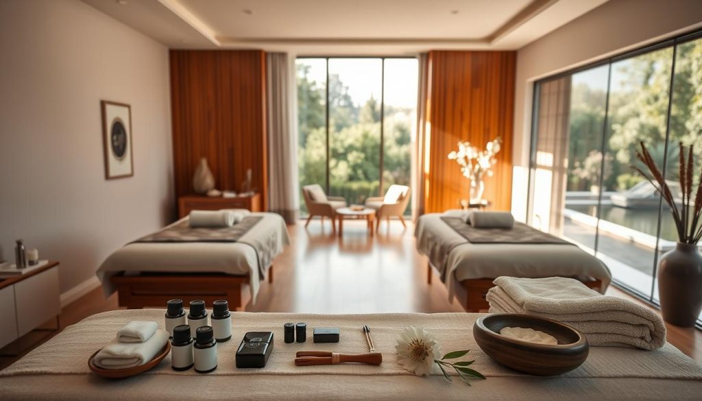 A serene wellness studio in Arnavutköy, Istanbul, offering professional spa treatments. Soft natural lighting bathes the elegant interior, where plush massage tables await. Soothing fragrances of essential oils permeate the air, creating a calming ambiance. Polished wooden accents and serene colors evoke a tranquil, spa-like atmosphere. In the foreground, an array of massage tools and therapies are artfully displayed, showcasing the expert services available. The middle ground features a serene relaxation lounge, with comfortable seating and calming decor. In the background, a view of lush greenery and a tranquil water feature completes the restorative setting.