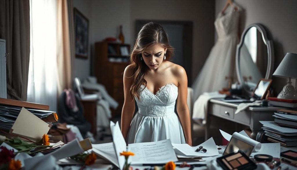 A tense, anxious bride-to-be stands in a dimly lit room, surrounded by a whirlwind of wedding planning chaos. Discarded papers, wilting flowers, and a half-filled to-do list clutter the foreground, reflecting the overwhelming pressure she feels. The middle ground features a disheveled vanity, with makeup and hair accessories scattered haphazardly, mirroring the bride's frazzled state of mind. In the background, a blurred, imposing wedding dress looms, a symbol of the impending nuptials and the stress that comes with it. The lighting is soft and moody, casting shadows that add to the sense of tension and anxiety. The overall atmosphere conveys the emotional turmoil and pre-wedding jitters experienced by the bride, encapsulating the essence of "düğün stresi."