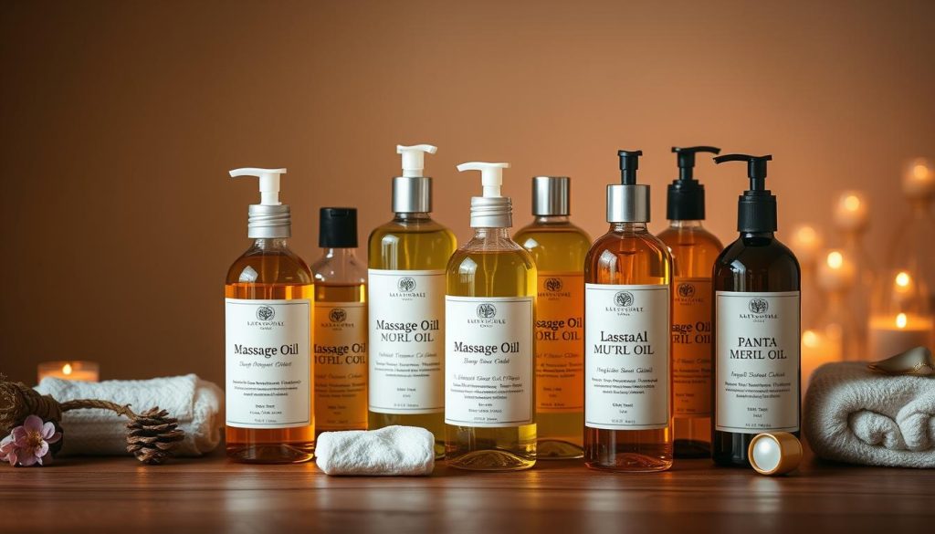 A tranquil display of massage oils, arranged with care on a wooden surface. The bottles gleam with a soft, inviting luster, their labels showcasing an array of natural scents and ingredients. The lighting is warm and diffused, creating a soothing, relaxing atmosphere. The composition is balanced, with the oils taking center stage, surrounded by a minimal background that allows the products to shine. The overall scene evokes a sense of serenity and the promise of a restorative massage experience.