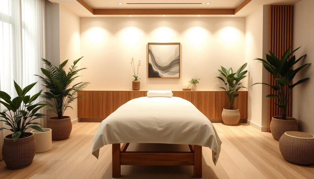 A tranquil indoor scene of a serene personal massage experience. Soft, diffused lighting illuminates a minimalist treatment room with natural wood accents and neutral tones. A plush massage table with crisp white linens is the focal point, set against a backdrop of simple, calming decor. Lush potted plants and a single piece of abstract wall art add a touch of organic elegance. The overall atmosphere evokes a sense of relaxation, harmony, and rejuvenation for the mind and body.