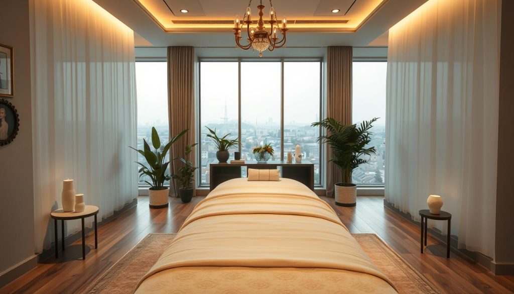 A tranquil massage studio in Istanbul, with soft lighting and calming colors. In the foreground, a well-appointed massage table and plush linens set the stage for a rejuvenating experience. In the middle ground, elegant decor and plants create a serene ambiance, while the background features a muted cityscape visible through large windows, hinting at the bustling energy of the city beyond. The overall mood is one of relaxation and professionalism, inviting visitors to unwind and indulge in the skilled hands of the experienced masseuses.