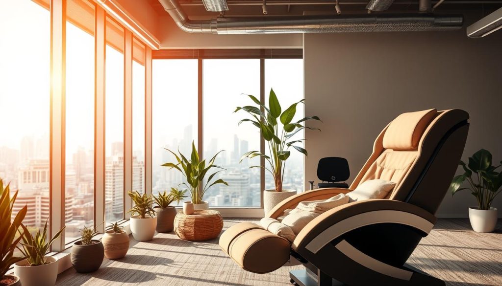 A tranquil office environment, bathed in warm, natural lighting filtered through large windows. In the foreground, a comfortable massage chair invites weary employees to indulge in a soothing, therapeutic session, melting away the stresses of the workday. The middle ground showcases calming, minimalist decor - potted plants, soft textiles, and muted tones that create an atmosphere of rejuvenation. In the background, the bustling city skyline serves as a reminder of the need for these oases of relaxation within the corporate landscape. The overall scene conveys a sense of balance, where productivity and wellness coexist harmoniously, making a compelling case for the benefits of on-site office massages.