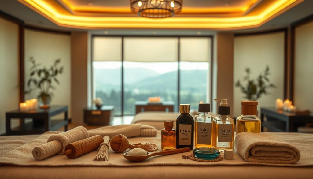 An elegant spa-like setting with a soothing, natural atmosphere. In the foreground, an array of massage tools and oils are neatly arranged, inviting the viewer to indulge in a serene and rejuvenating experience. The middle ground features a tranquil, dimly-lit room with soft, diffused lighting, evoking a sense of calm and relaxation. The background showcases a serene landscape, perhaps a garden or a peaceful nature scene, further enhancing the tranquil ambiance. The overall composition conveys the essence of various massage techniques and their ability to promote well-being and restoration.