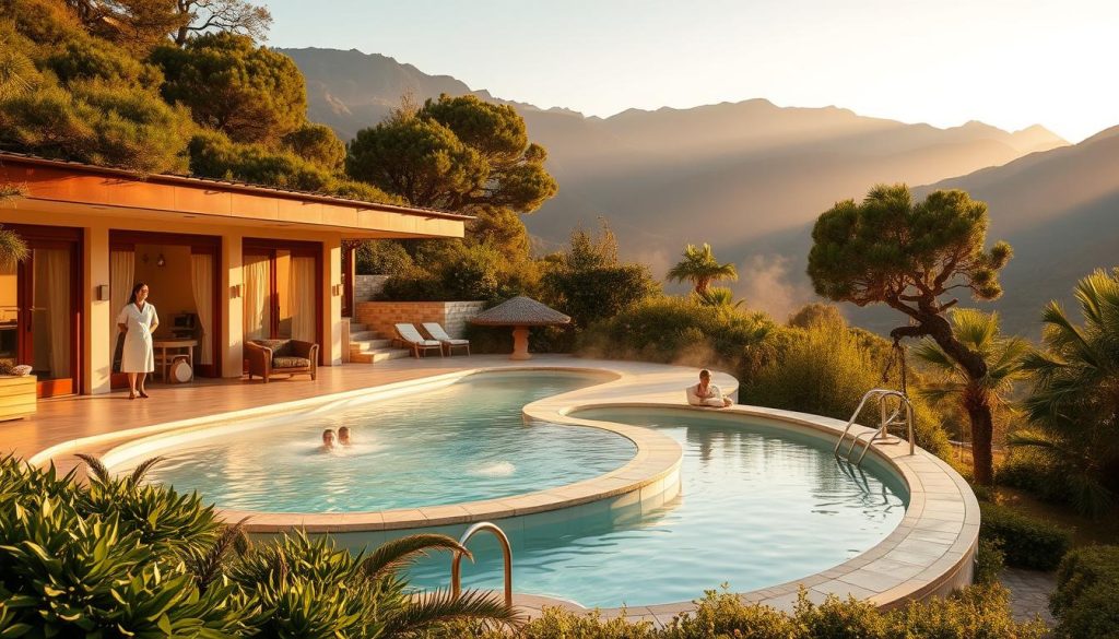 An elegantly designed thermal spa nestled amidst lush greenery, with a tranquil pool of mineral-rich waters reflecting the warm, golden sunlight. Therapists in crisp white uniforms guide guests through soothing wellness rituals, as they inhale the calming scents of aromatherapy. In the distance, majestic mountains paint a picturesque backdrop, setting the stage for a serene and restorative health tourism experience. The scene is infused with a sense of relaxation and rejuvenation, drawing visitors into a world of pure indulgence and wellness.