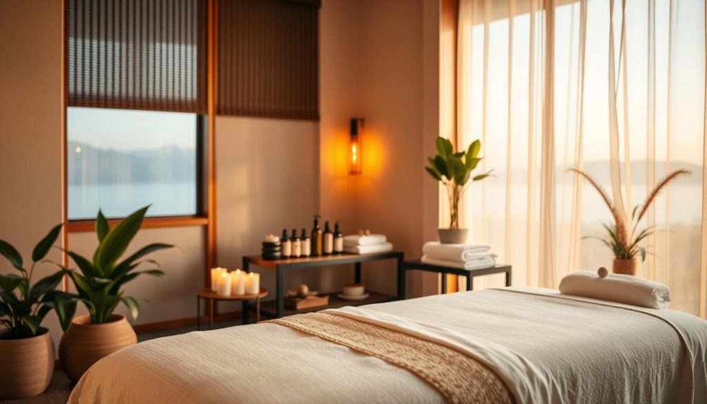 An interior scene of a professional massage studio, with warm lighting and a serene, spa-like atmosphere. A massage table is situated in the foreground, accompanied by soothing candles, plants, and soft linens. The middle ground features a selection of massage oils, towels, and other essential tools neatly arranged on a side table. In the background, a tranquil window or view offers a calming, natural backdrop. The overall mood is one of relaxation, comfort, and a high-quality, luxurious massage experience.