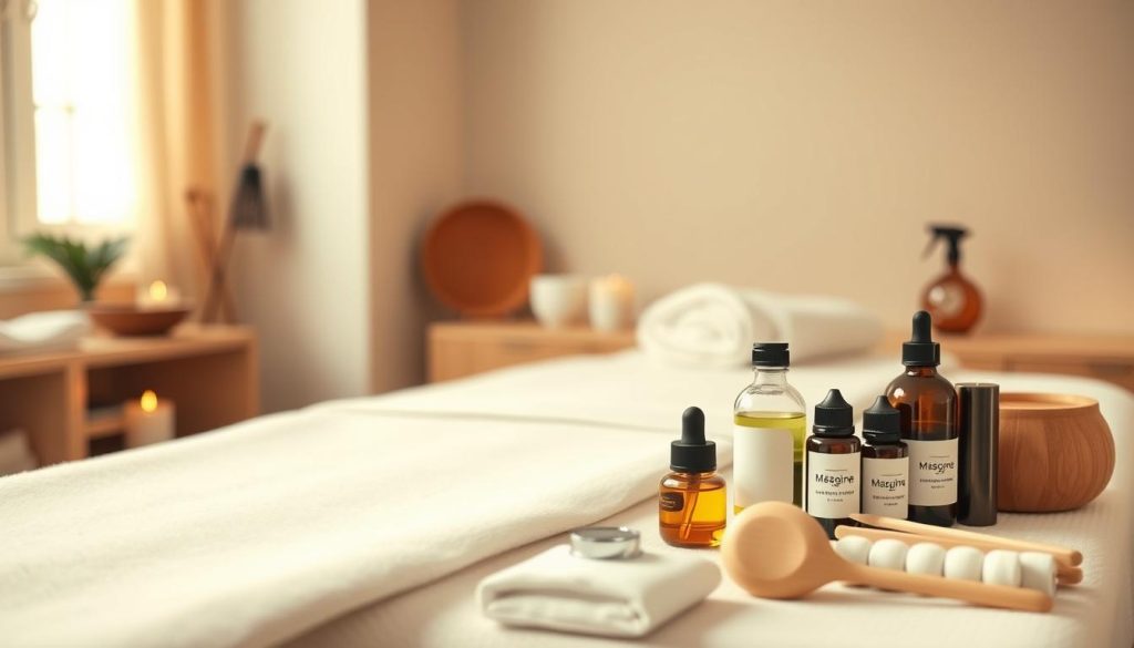 a high-quality professional image of massage therapy equipment and filtering options, such as massage tables, aromatherapy candles, massage oils, and various massage tools. The image should have a clean, modern, and minimalist aesthetic, with a warm and soothing color palette. The foreground should feature the massage equipment prominently, while the background should be blurred and out of focus, creating a sense of depth and emphasizing the main subject. The lighting should be soft and diffused, creating a calming and relaxing atmosphere. The image should convey a sense of professionalism and expertise in the field of massage therapy. a high-quality professional image of massage therapy equipment and filtering options, such as massage tables, aromatherapy candles, massage oils, and various massage tools. The image should have a clean, modern, and minimalist aesthetic, with a warm and soothing color palette. The foreground should feature the massage equipment prominently, while the background should be blurred and out of focus, creating a sense of depth and emphasizing the main subject. The lighting should be soft and diffused, creating a calming and relaxing atmosphere. The image should convey a sense of professionalism and expertise in the field of massage therapy.